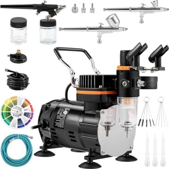 Set di Airbrush Completo con Compressore - Pistola a Spruzzo Elettrica - 3 Kit di Spatole Rimosibili - 120W - Palette di Colori