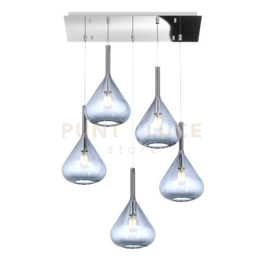 SOSPENSIONE CROMO 5 LUCI RETTANGOLARE VETRI BLU 1177CR-S5 R-BL
