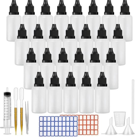 Collezione di 26 flaconi da gocce da 30ml con flacone a gocce, flacone a compressione, liquido 30ml - con siringa, pinze, cucchiaio di misura, etichette, imbuto, tubi di prova