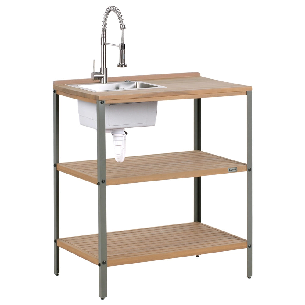 Cucina da esterno 3 elementi in legno di acacia con lavello e rubinetto in acciaio inox in legno massiccio marrone