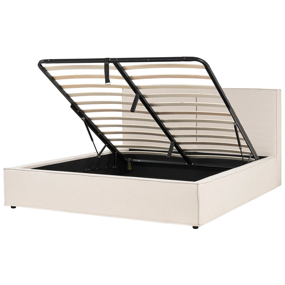 Letto king size 180 x 200 cm beige Rivestimento in tessuto Ottomana di contenitore Telaio a doghe Camera da letto moderna contemporanea