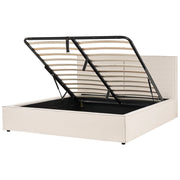 Letto king size 180 x 200 cm beige Rivestimento in tessuto Ottomana di contenitore Telaio a doghe Camera da letto moderna contemporanea