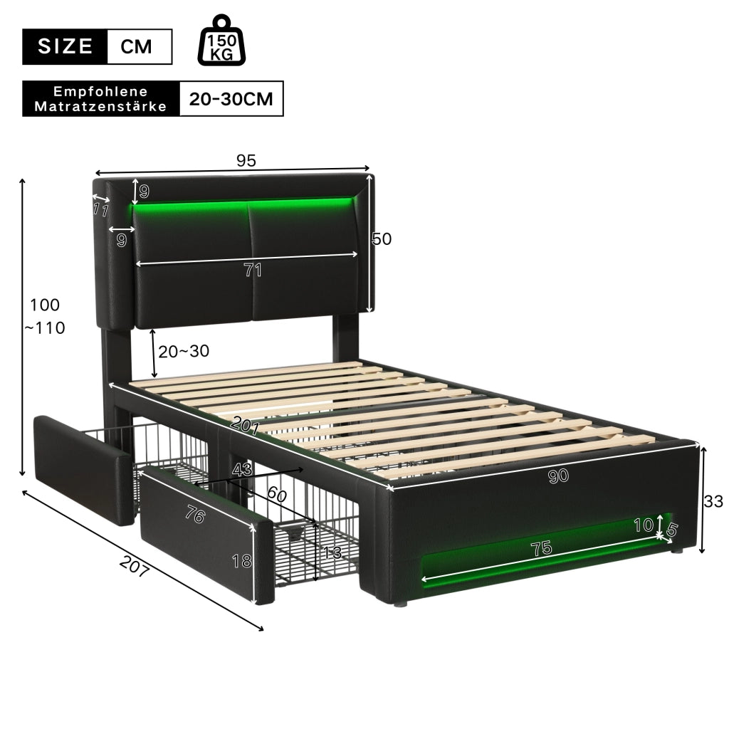 Letto imbottito 90x200 cm con USB, illuminazione LED, 4 cassetti, PU, nero, senza materasso