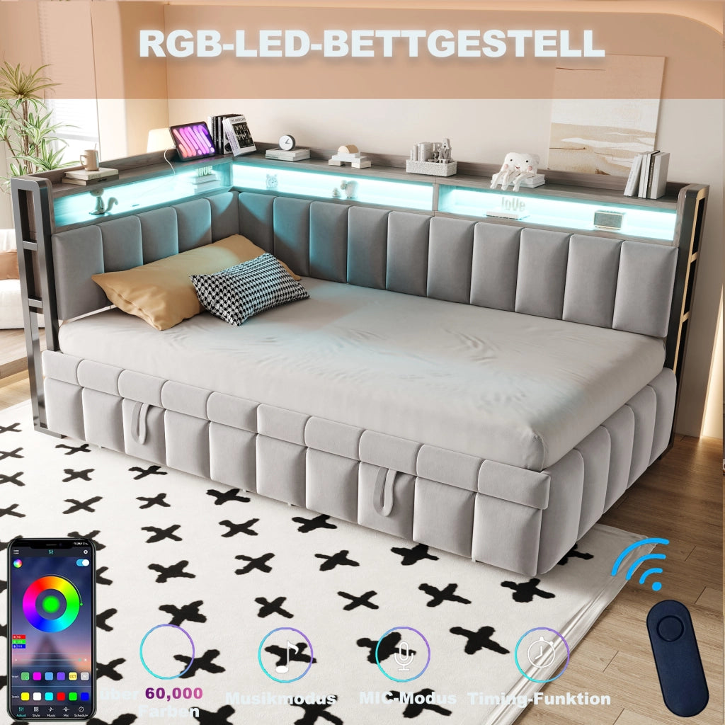 DESMIU Divano letto 90 × 200 cm 1 posto con LED, USB e Type-C, vani, senza materasso, grigio chiaro