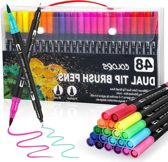 Penna a pennello set con 48 colori, punta doppia 0,4mm e 1-2mm, per acquerelli e disegno mandala a scuola, per adulti, bullet journal e libri di colore