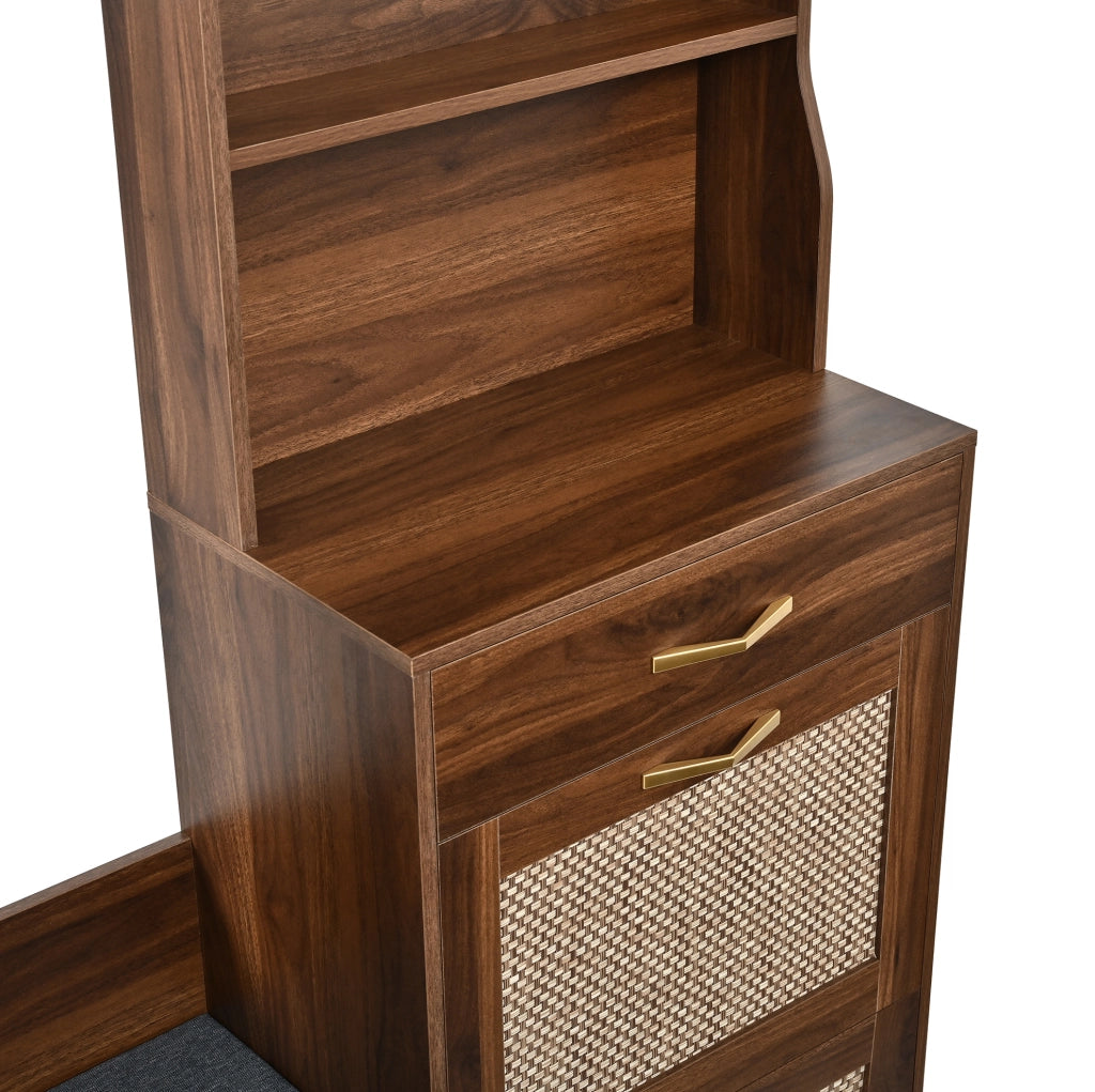 Guardaroba da ingresso 100x30x170 cm multifunzione con seduta; ante effetto rattan; MDF noce
