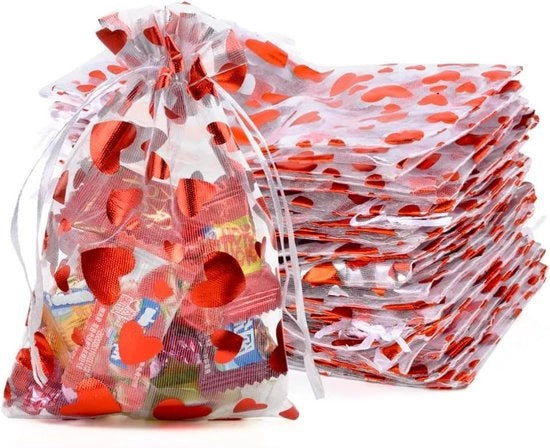 Confezioni in organza per borse regalo - 13 x 18 cm - Borse per gioielli - Borse piccole - Borse regalo per Natale, Matrimonio e Festa di Compleanno (Fondo bianco con Cuori rossi)