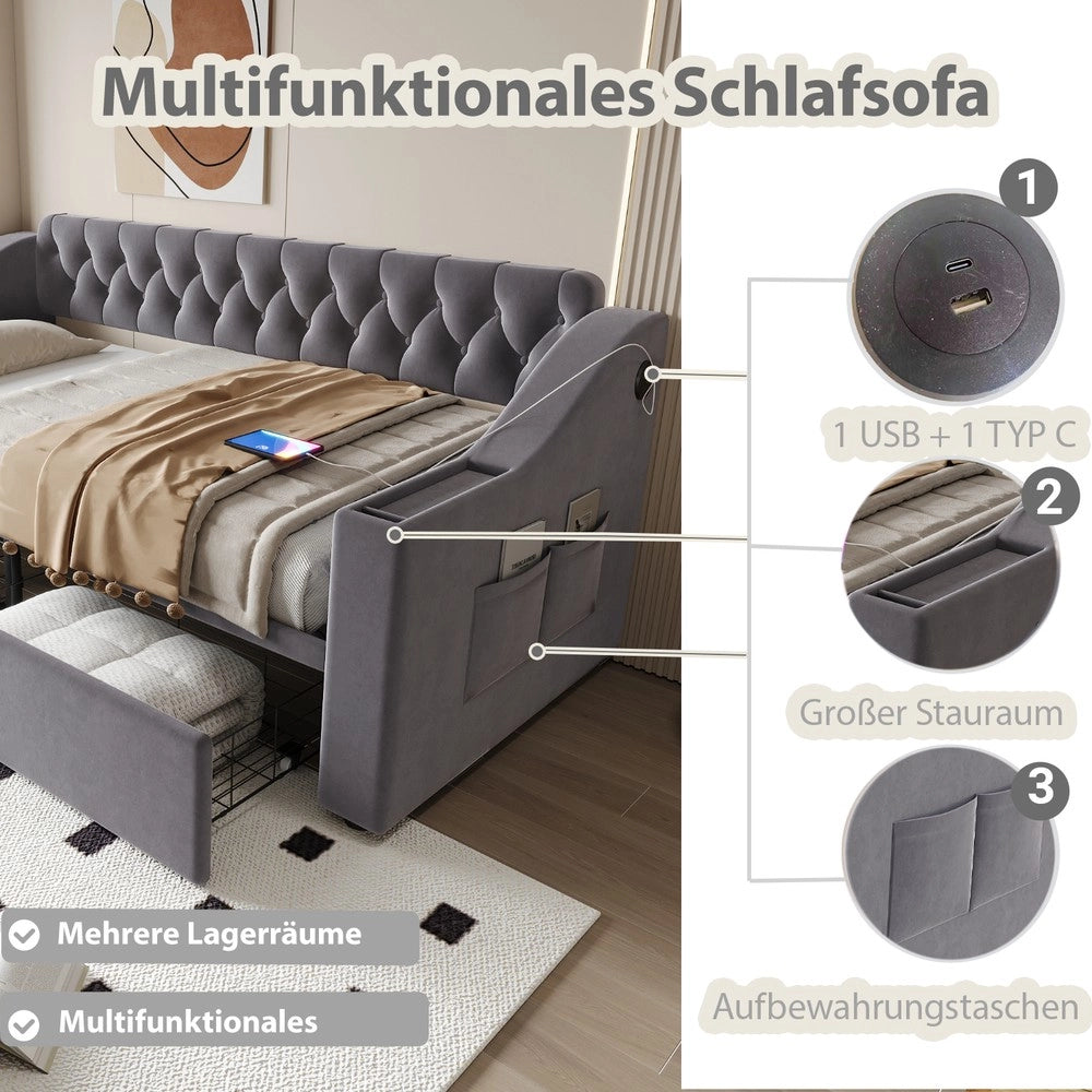 Letto Imbottito con Cassetto e USB ¨C MINIMAL ¨C Velluto Grigio Scuro 90x190