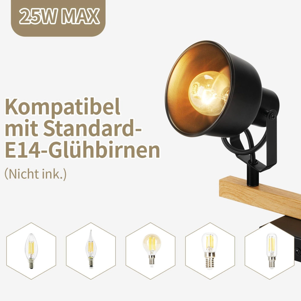 ZMH Faretto da Soffitto Vintage 3 Lampade Nero 25W Attacco E14 Industriale Venatura Legno per Soggiorno Senza Lampadine
