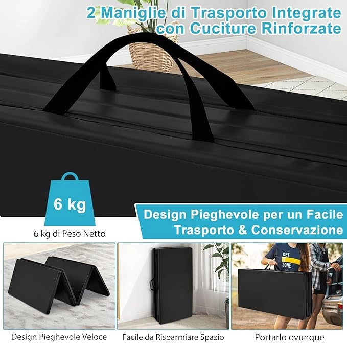 Tappetino da Ginnastica con Maniglia, Gancio, Chiusura a Cerniera e Copertura in Pelle PU Staccabile, Tappetino da Esercizio Pieghevole per Yoga, Stretching e Aerobica(Nero)