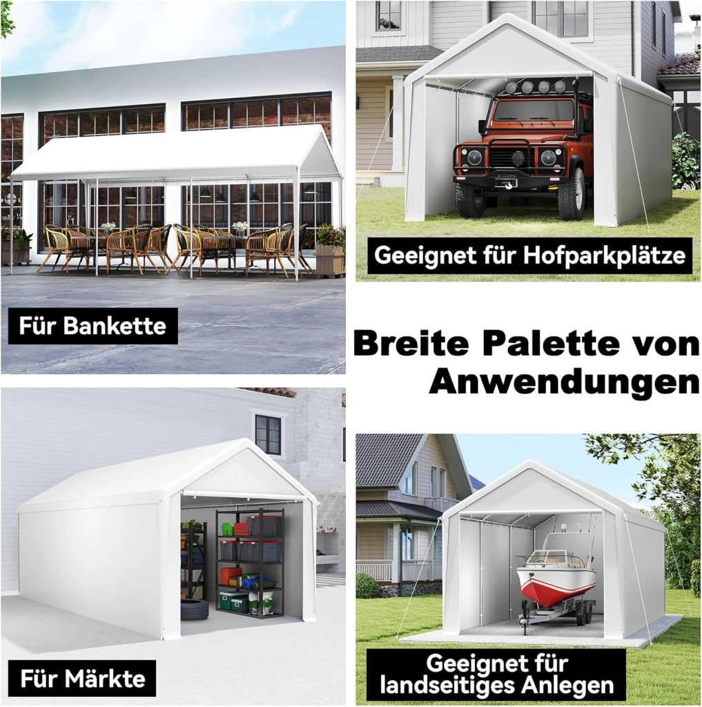 Carport, tenda da campeggio, 3 x 6 m, grande tenda da garage con pareti laterali rimovibili, resistente all'inverno, per auto, SUV, camion, bianco