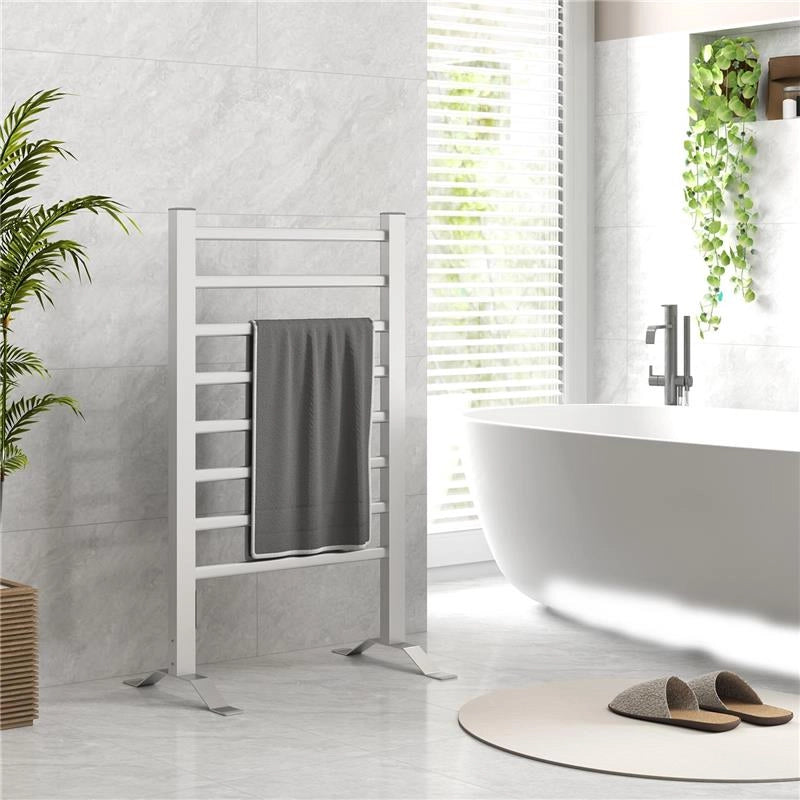 SCALDASALVIETTE ELETTRICO DA TERRA O PARETE 150W CON 8 BARRE E TIMER 2-4 ORE, 53X35X90 CM, ARGENTO