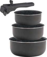 Set di pentole in alluminio stampato con rivestimento antiaderente | 3 pezzi 16, 18 e 20 cm | Con manico ergonomico e regolabile | Accessori da cucina | Adatto per tutti i tipi di forni e forni