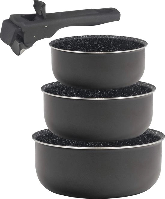 Set di pentole in alluminio stampato con rivestimento antiaderente | 3 pezzi 16, 18 e 20 cm | Con manico ergonomico e regolabile | Accessori da cucina | Adatto per tutti i tipi di forni e forni