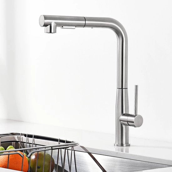 Kraan da cucina, estensibile, con rubinetto di scarico ad alta pressione e doccia, due getti d'acqua, 360° girevole, in acciaio inossidabile