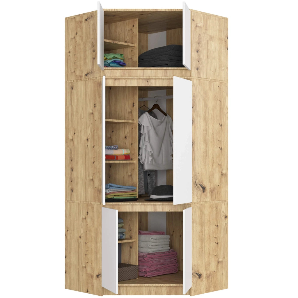 Armadio ad angolo AKORD S100 con sopralzo Quercia Artisan 100 cm 4 ante inserto frontale Bianco 100x50x235 cm