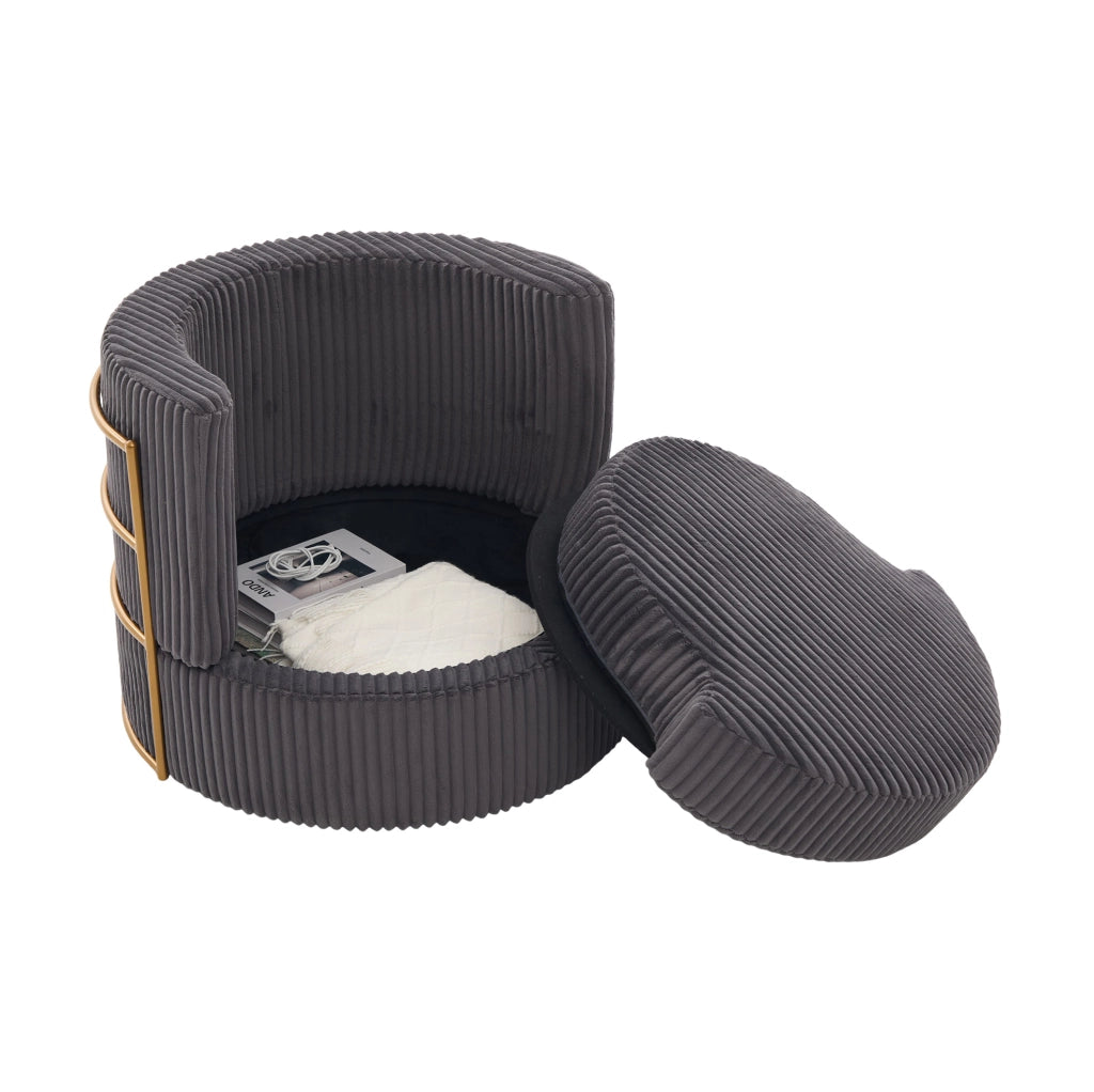 Poltrona girevole 360° in tessuto corduroy grigio; 76x79x78 cm; con vano contenitore