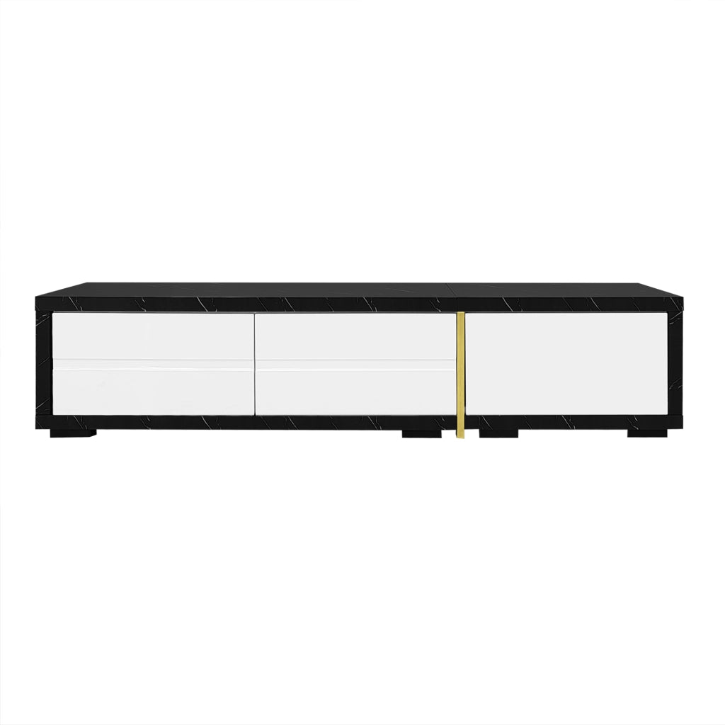 Mobile TV moderno - Zephmum- Lunghezza variabile 140-260 cm, finitura marmo nero e bianco lucido opaco, decorazioni dorate