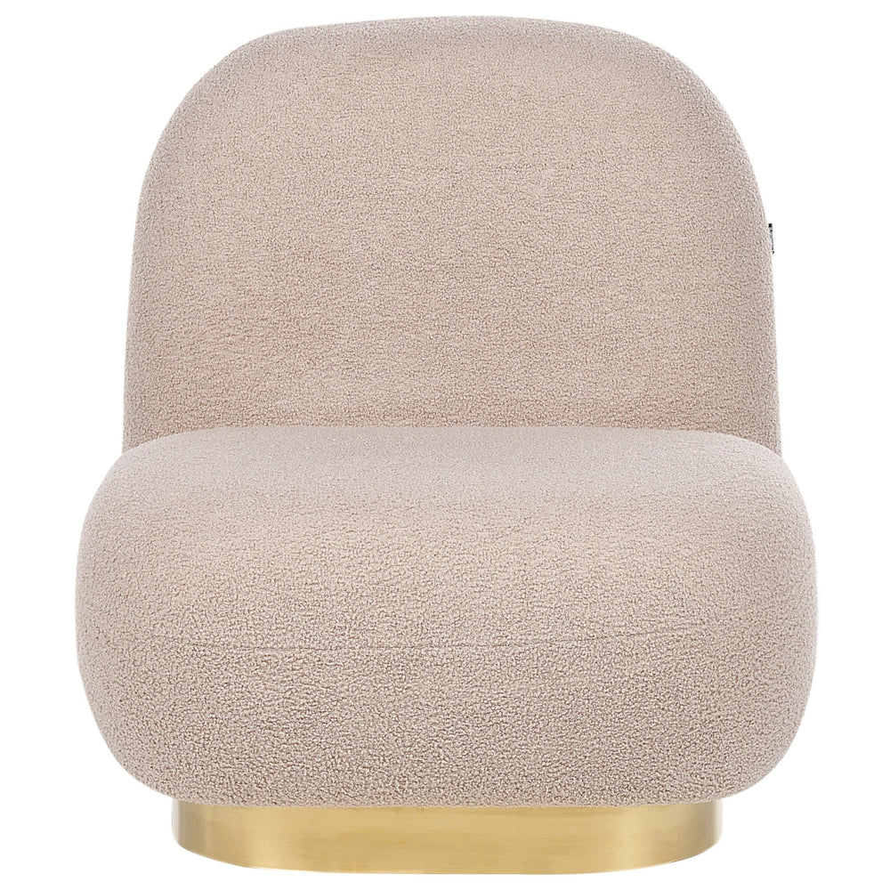 Poltrona beige in tessuto bouclé con base color oro stile contemporaneo moderno soggiorno camera da letto