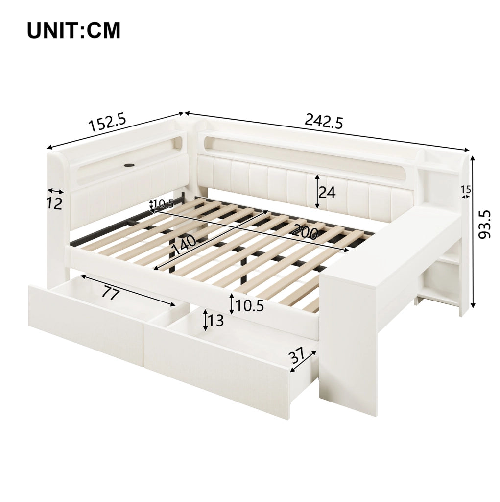 Letto da giorno imbottito 140x200 cm con LED, USB e scrivania