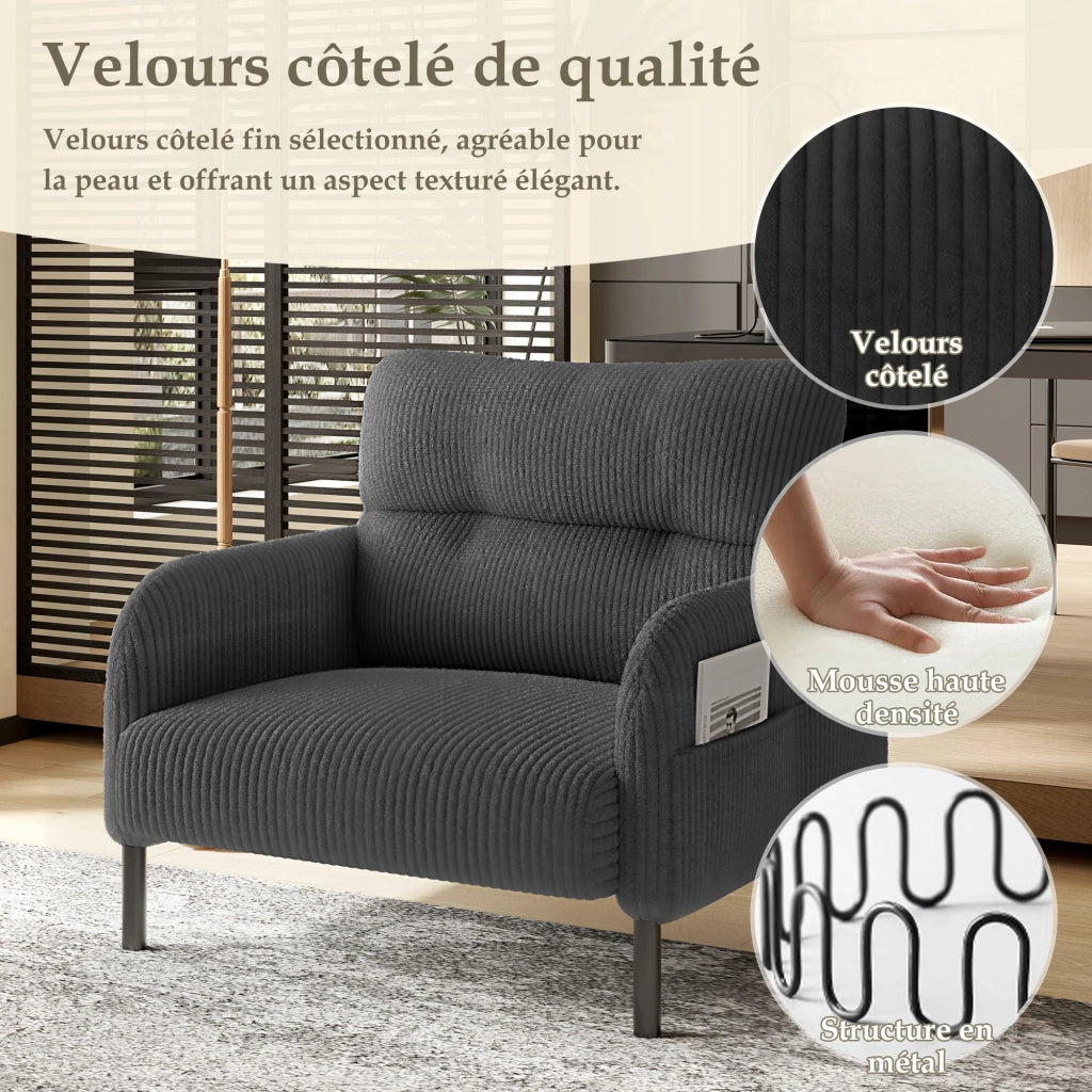 Poltrona con Tasche Laterali e Schienale Ergonomico; Seduta Profonda; in Velluto a Coste Grigio 67 × 75 × 79 cm