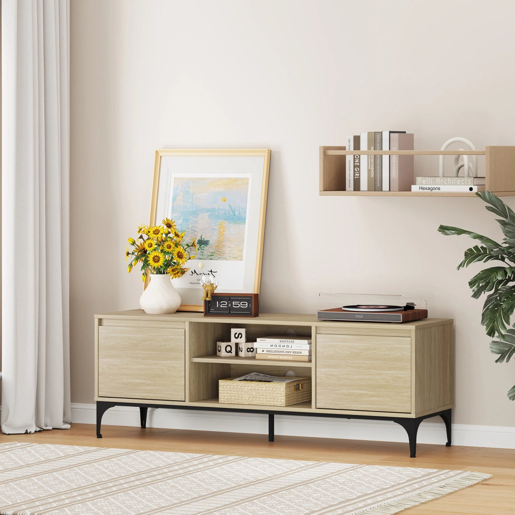 Mobile Porta TV Kistiandi a Vani Aperti e Chiusi con Ante 140 x 40 x 50 cm - Effetto Rovere Chiaro [en.casa]