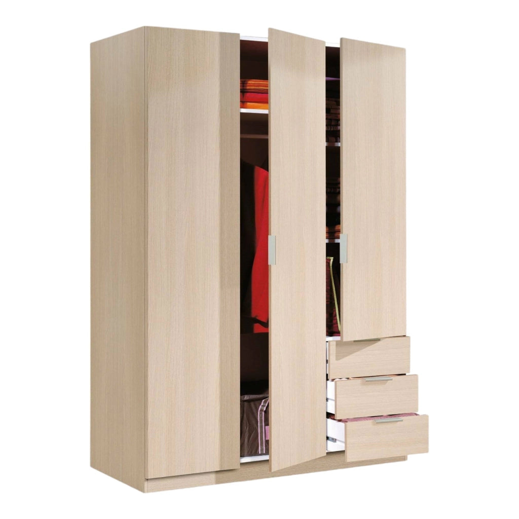 Guardaroba Astuzzia, Armadio per camera da letto a 3 ante e 3 cassetti, Mobile con 3 ripiani e barra appendiabiti, cm 121x52h180, Rovere