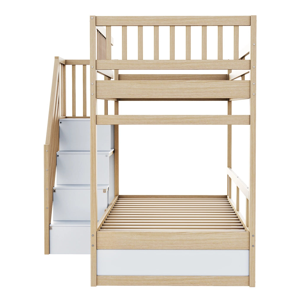Letto a castello in legno massello 90x200 cm con scala contenitore e cassetti; bianco e legno naturale
