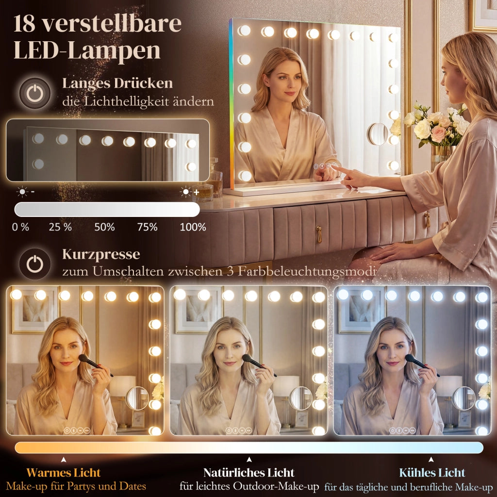 Specchio da Trucco Hollywood con 18 LED Dimmerabili, RGB, Bluetooth, 10x Ingrandimento ¨C Zephmum ¨C Bianco