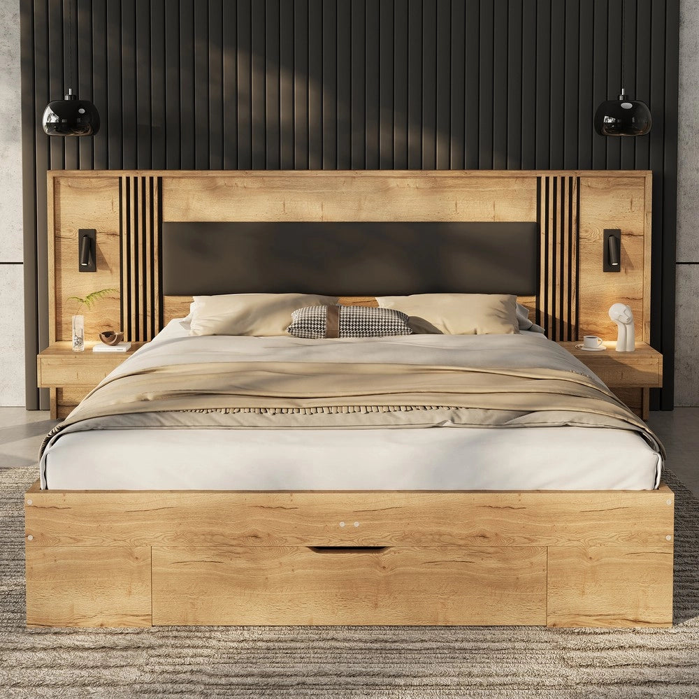 Letto Contenitore Matrimoniale con Cassetti e Comodini ¨C Xylo ¨C Legno Naturale 160x200