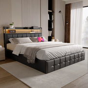 Letto 160x200 cm con ripiani e luci LED in pelle PU nera