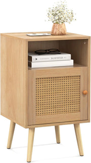 Comodino da Camera da Letto, Comodino in Legno con Porta in Rattan, Scomparto Aperto e Gambe in Legno Massello, Comò Moderno per Soggiorno e Studio, 40 x 39 x 70 cm (1, Naturale)