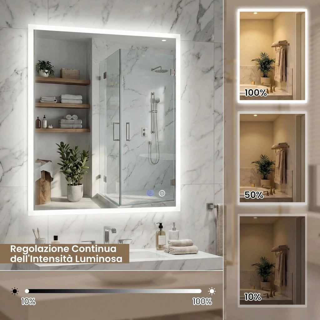 Specchio da Bagno LED 70 x 50 cm, Specchio da Parete Rettangolare con Anti-appannamento, Memoria, 3 Colori di Luce, Dimmerazione Continua e Vetro Temperato Infrangibile (70 x 50 x 3 cm)