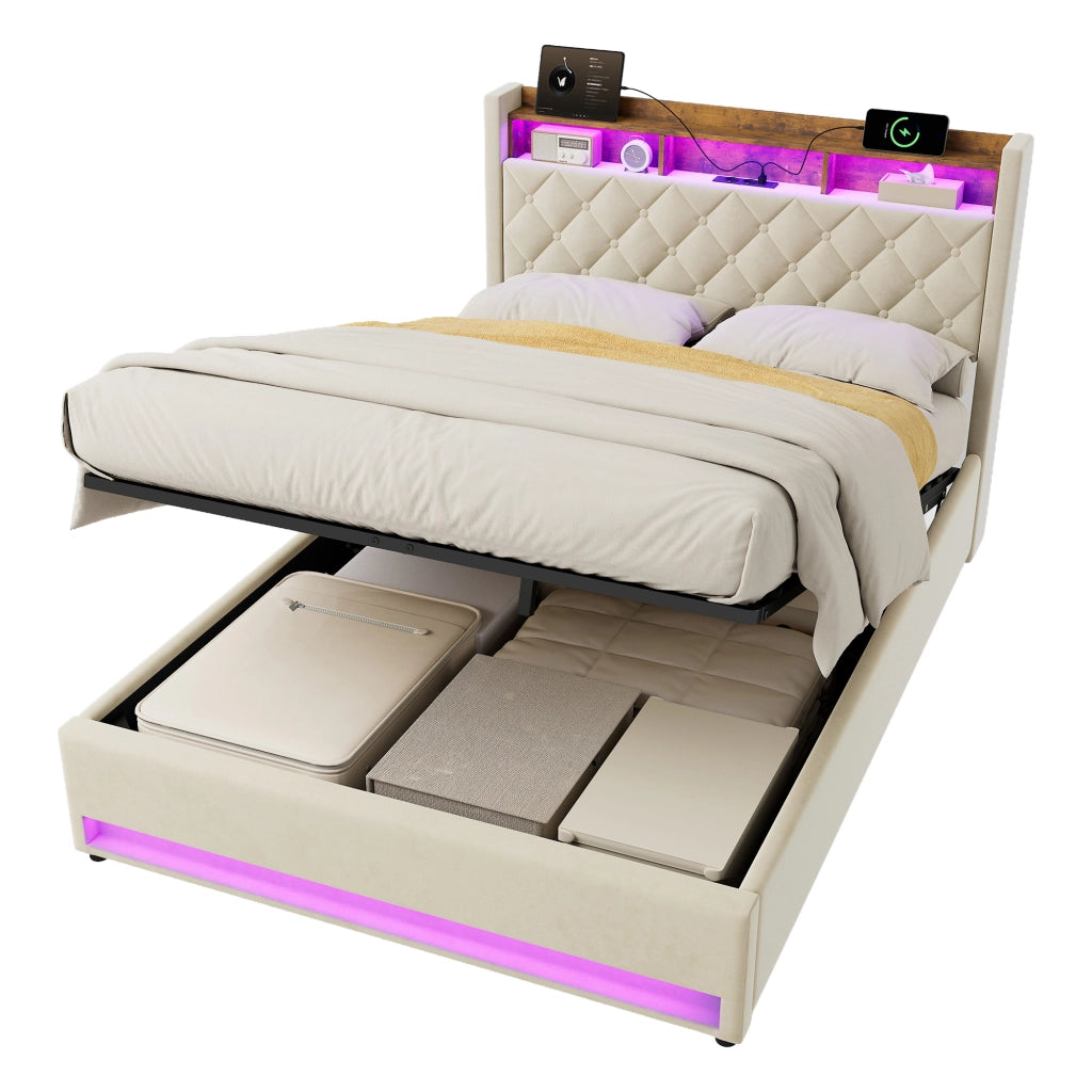 LETTO Imbottito 140 x 200 cm in Velluto Beige con Base a Doghe