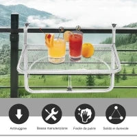 Tavolo da Ringhiera con Ganci ad Altezza Regolabile su 3 Livelli, in Metallo, 60x56.5x45 cm, Bianco