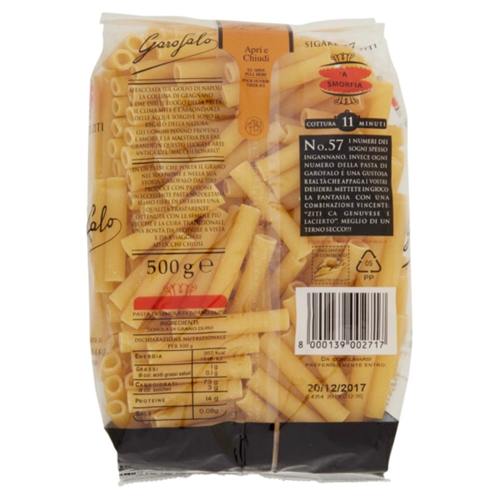 Pastificio garofalo sigarette ziti n. 57 pasta trafilata al bronzo 500 grammi