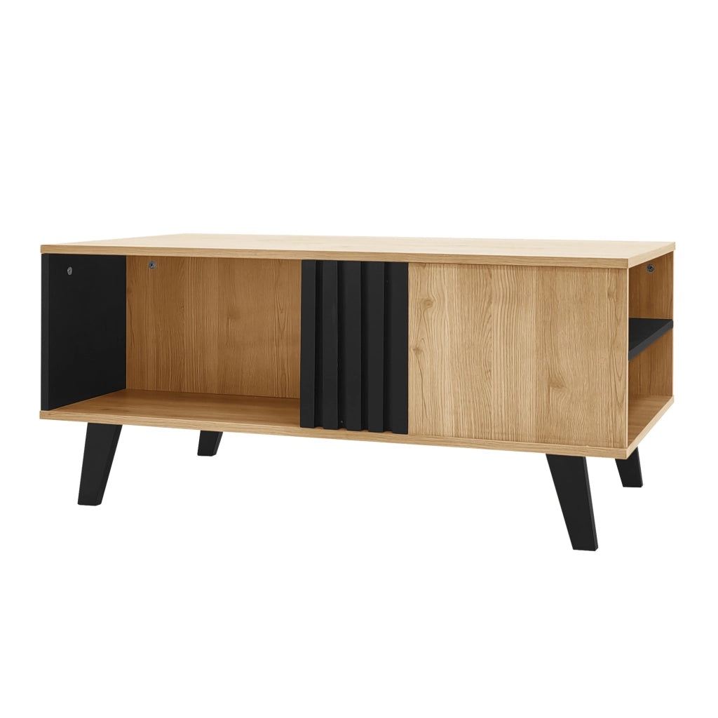 Tavolino da salotto 100x60x45 cm con 3 vani; vetro e pannello truciolare naturale e nero