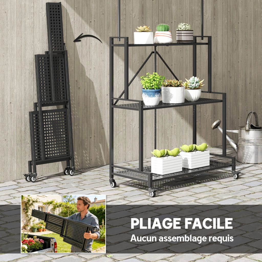 Supporto Piante a 3 Livelli Pieghevole con Ruote e 4 Ganci ¨C Zephmum ¨C Nero, Metallo, 84x40.5x174cm