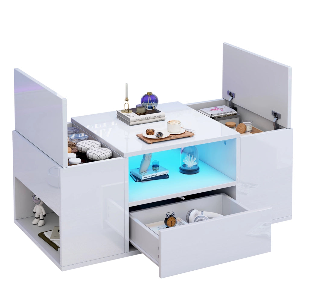 Tavolino da caffè 100x50x40 cm con LED e vani contenitore; truciolare; bianco