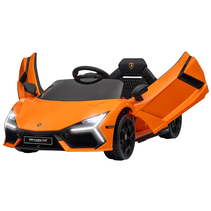 Auto elettrica per bambini ispirata Lamborghini, con telecomando, luci LED e 3 velocità, arancione