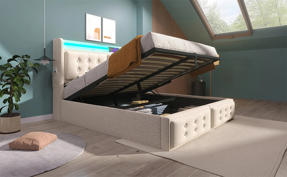 DESMIU Letto contenitore 140 × 200 cm 2 posti con LED, USB e Type C, materasso incluso, in cotone lino, beige