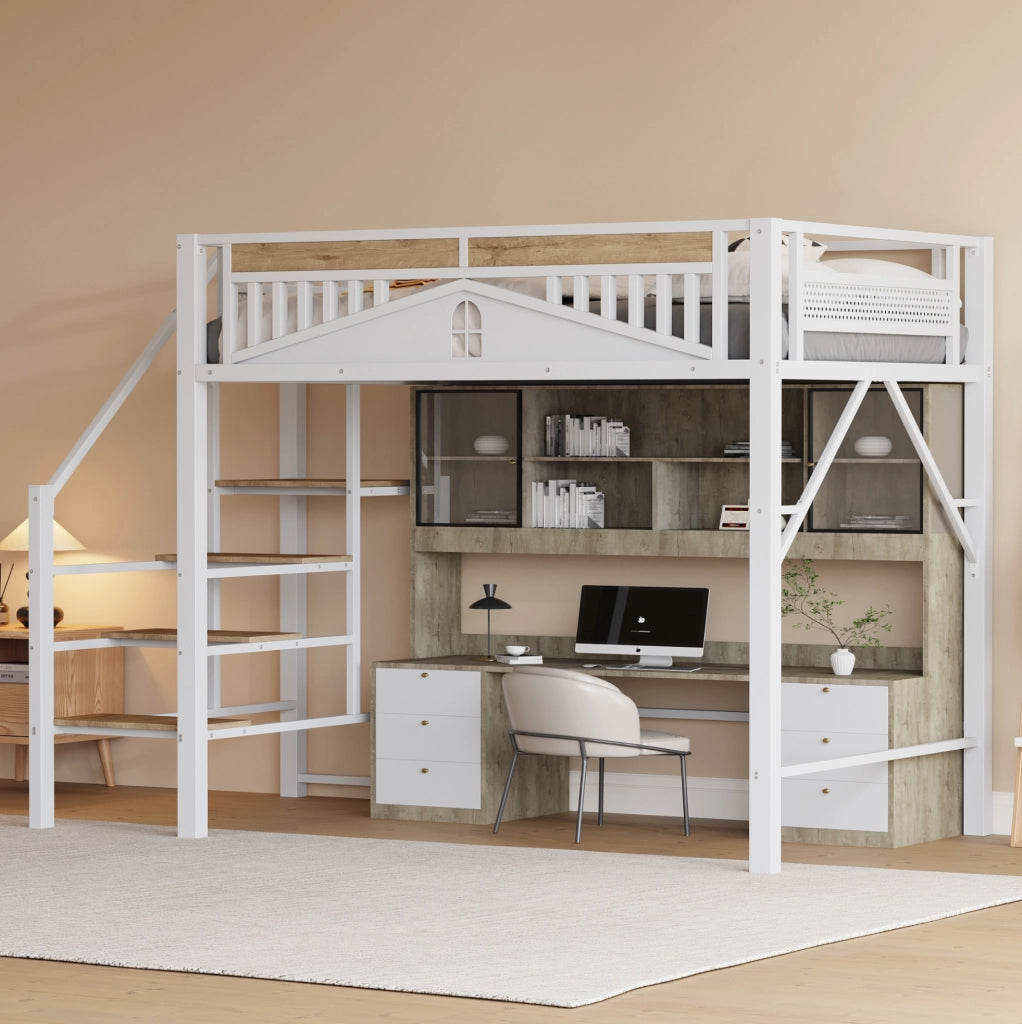 Letto a soppalco in metallo 140x200 cm con scala di sicurezza e spazio sotto il letto; bianco