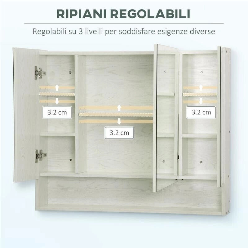 ARMADIETTO A SPECCHIO PER BAGNO CON RIPIANI REGOLABILI 3 PORTE 90X15X75CM