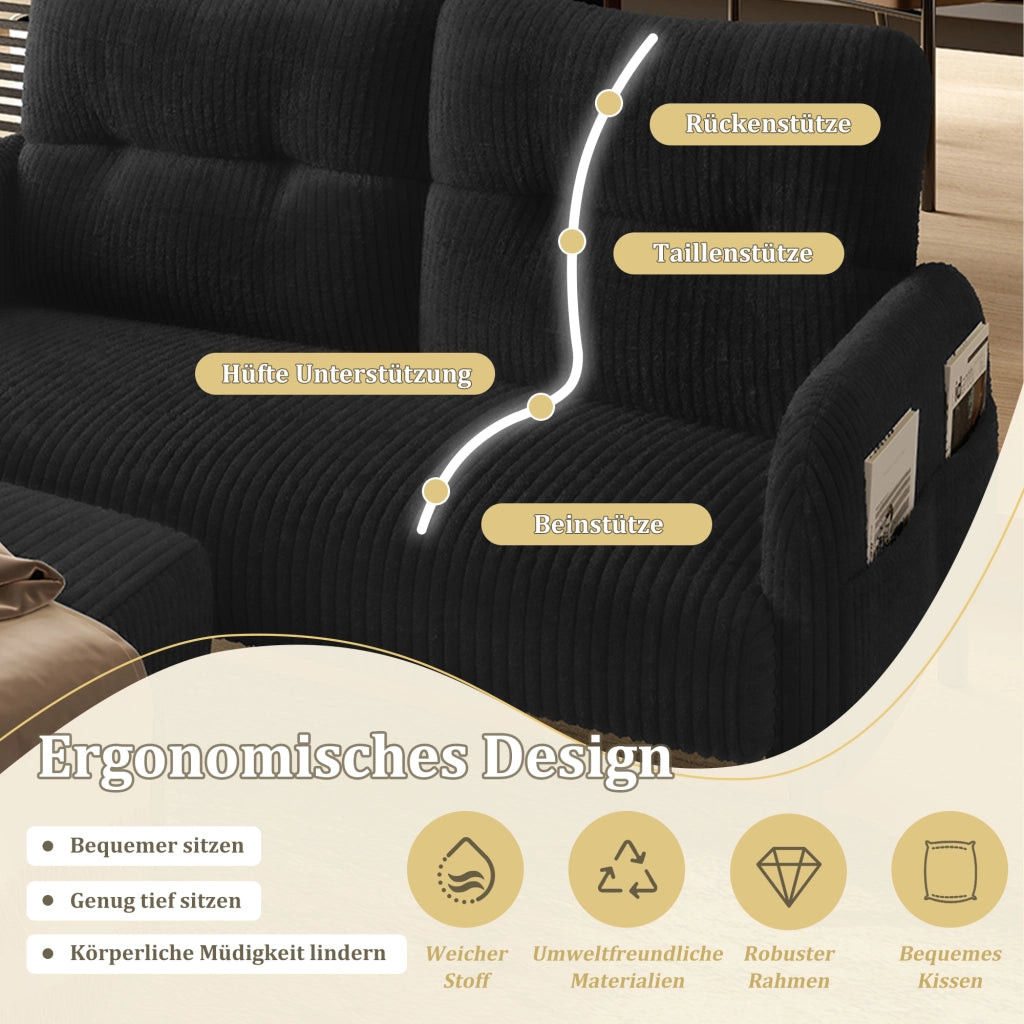 Divano 2 Posti con Schienale Ergonomico e Tasca Laterale; in Velluto a Coste; Nero; 120 × 75 × 79 cm