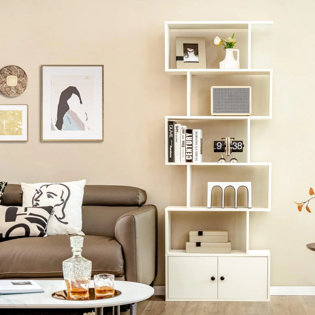 Scaffale a 6 Ripiani con cassetto, Libreria Autoportante, Scaffale da Terra, Design Moderno, 70 x 23 x 183 cm, Bianco/Marrone/Nero (Bianco)