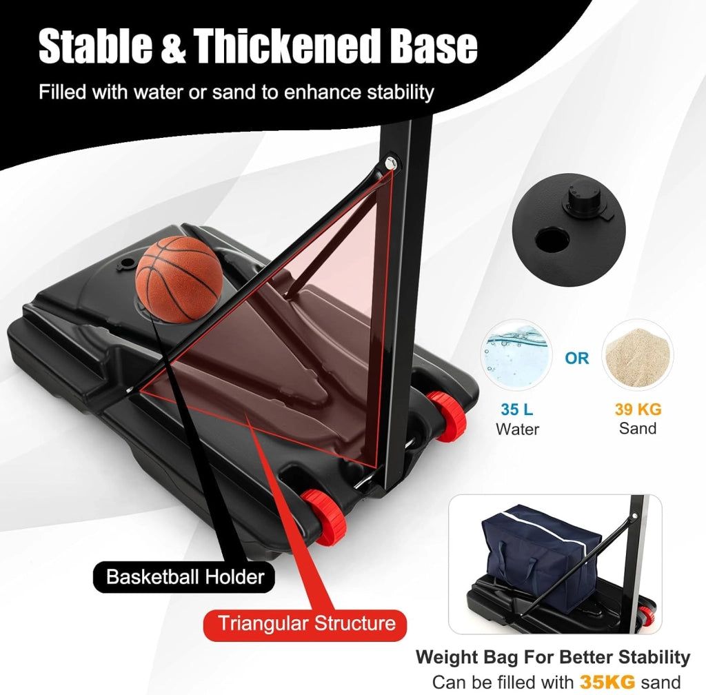 Canestro Basket per Esterno in PE, 10 Livelli di Altezza Regolabile 105-260 cm, Supporto da Basket Portatile con Ruote, Base, Pallacanestro per Interni, per Bambini e Adulti