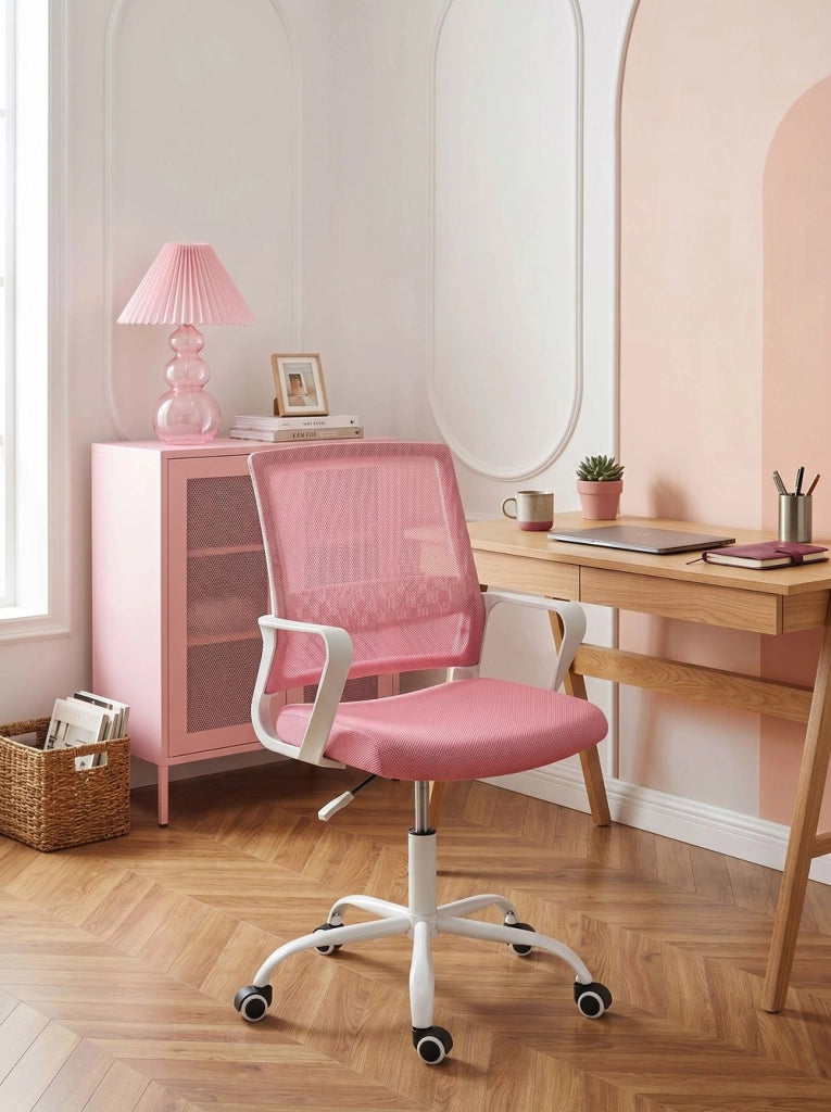 Sedia da ufficio in tessuto a rete rosa imbottitura regolabile in altezza girevole da scrivania per computer per ufficio domestico