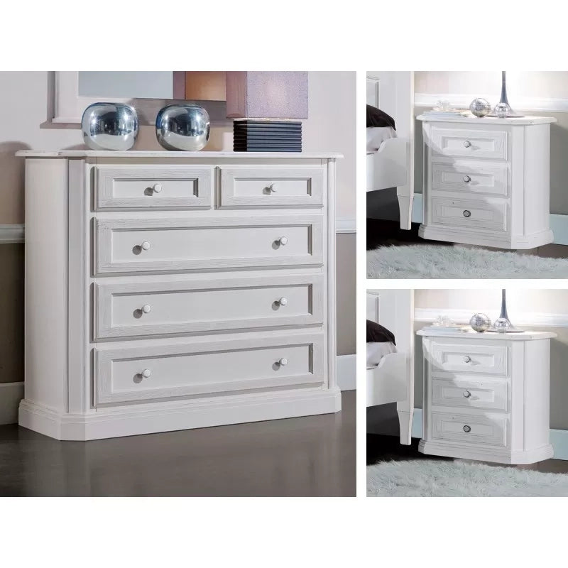 Gruppo cassettiera e due comodini legno shabby bianco spazzolato - Mobili 2G