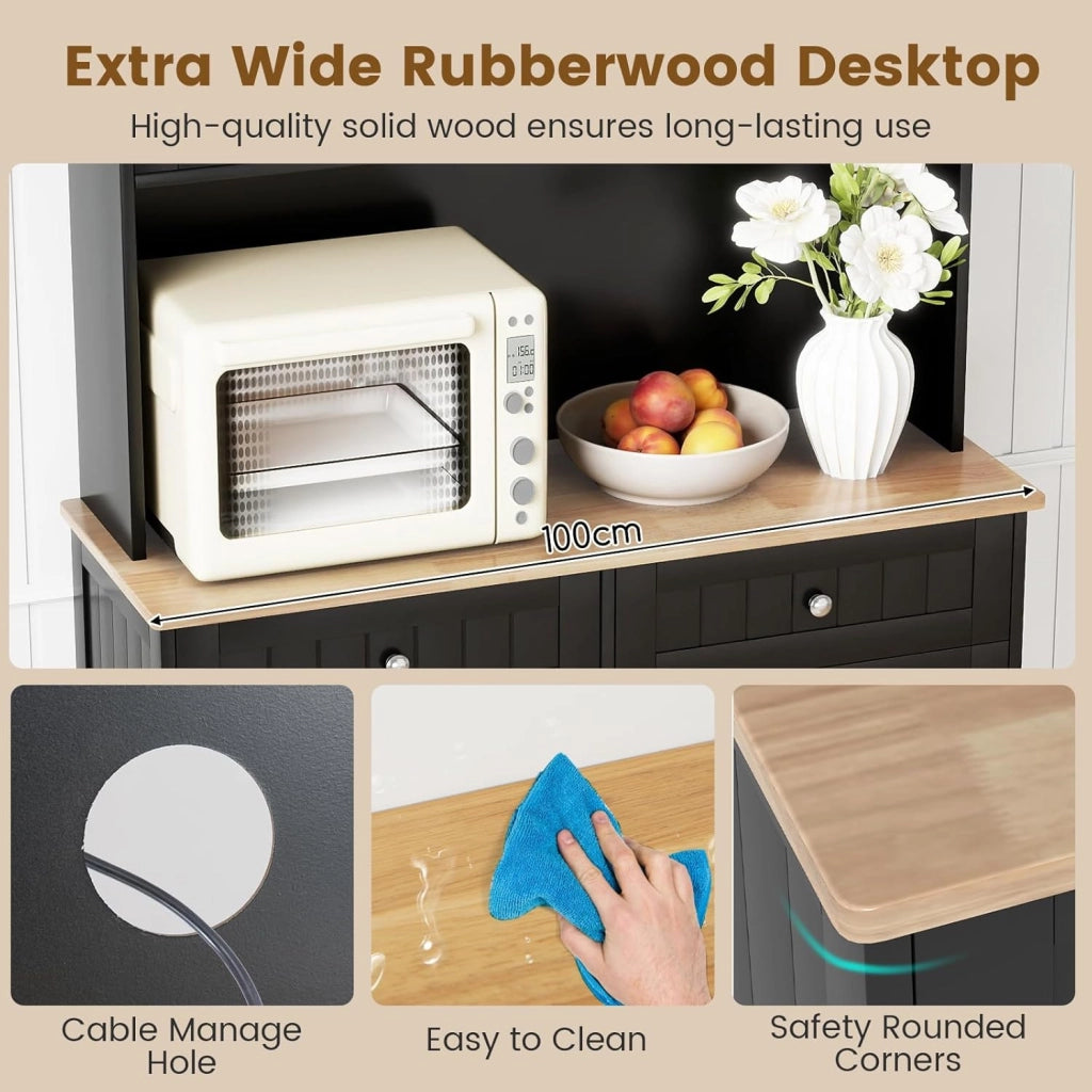 Credenza Alta da Cucina con Supporto per Bidoni della Spazzatura, Mobile Cucina Dispensa con Piano di Lavoro in Legno di Gomma, 2 Cassetti, Armadietto Buffet con Ripiani Regolabili (Nero)