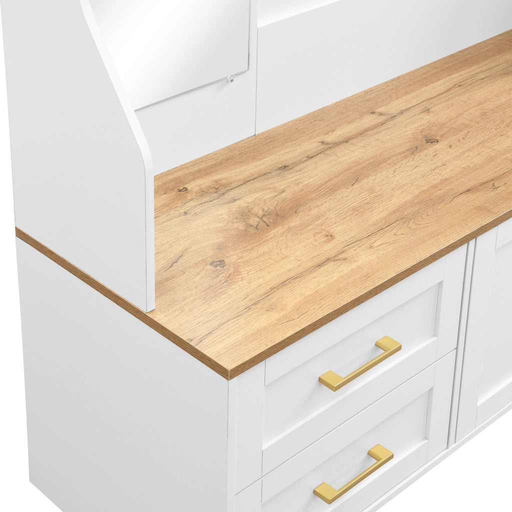 Mobile Ingresso con Specchio; LED; Ganci; Ante e Cassetti; Stile Moderno; in MDF; 120??40??187 cm; Bianco e Legno
